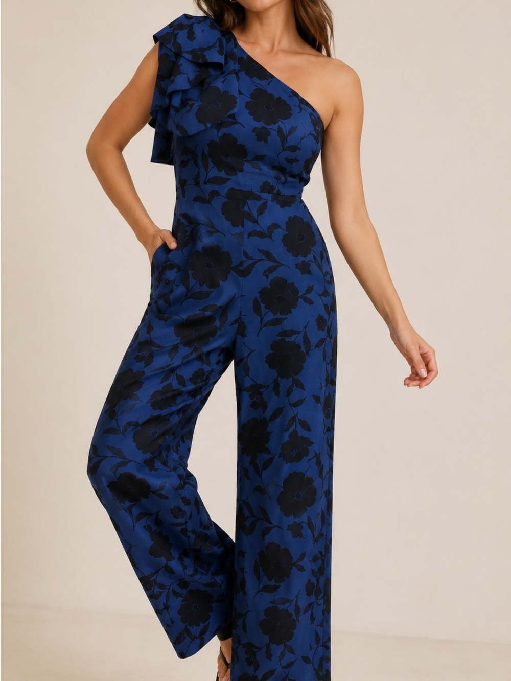 Kate Spade One-Shoulder Pants Navy Blue Floral Jumpsuit Linen 12